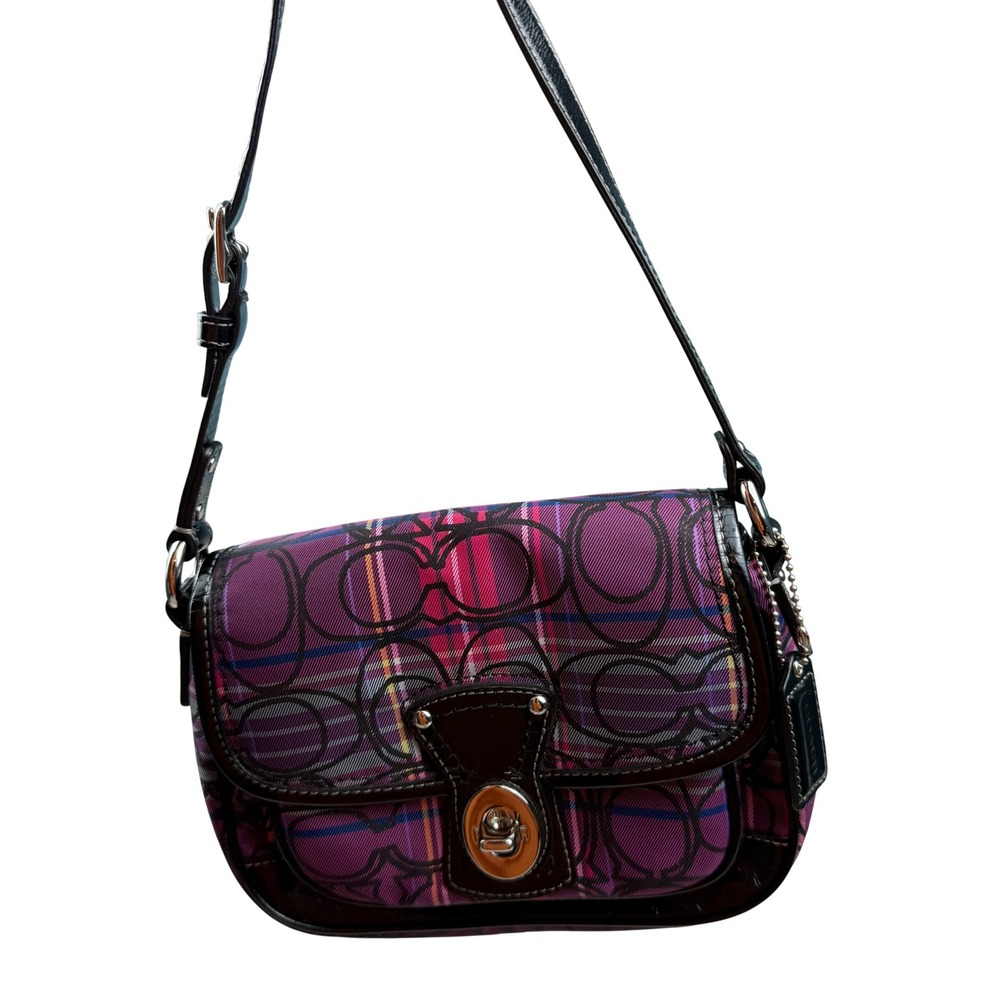 Coach Poppy Tartan Plaid Signature C Shoulder Bag Purple Pink F15477